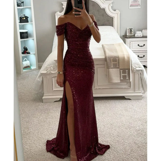 Vestido de Invitada de Boda Largo Elegante Lentejuelas con Hombros Descubiertos