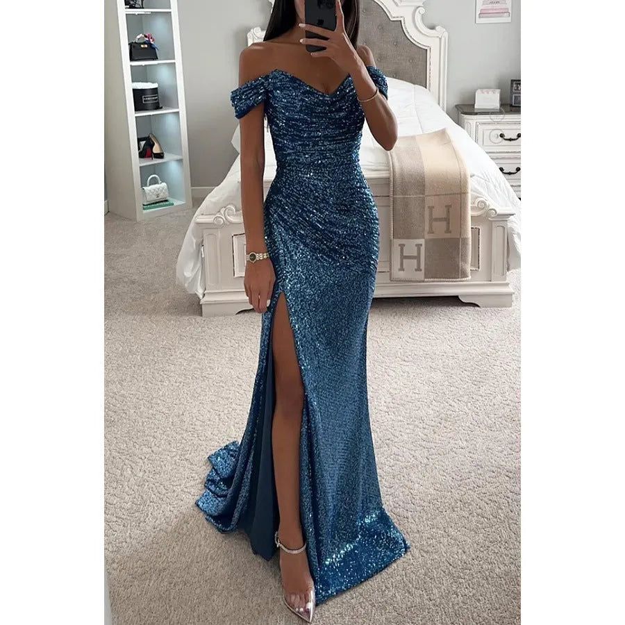 Vestido de Invitada de Boda Largo Elegante Lentejuelas con Hombros Descubiertos