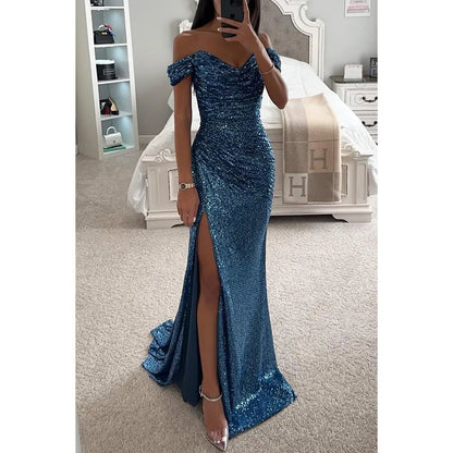 Vestido de Invitada de Boda Largo Elegante Lentejuelas con Hombros Descubiertos