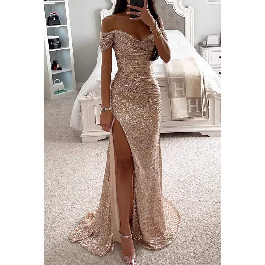 Vestido de Invitada de Boda Largo Elegante Lentejuelas con Hombros Descubiertos