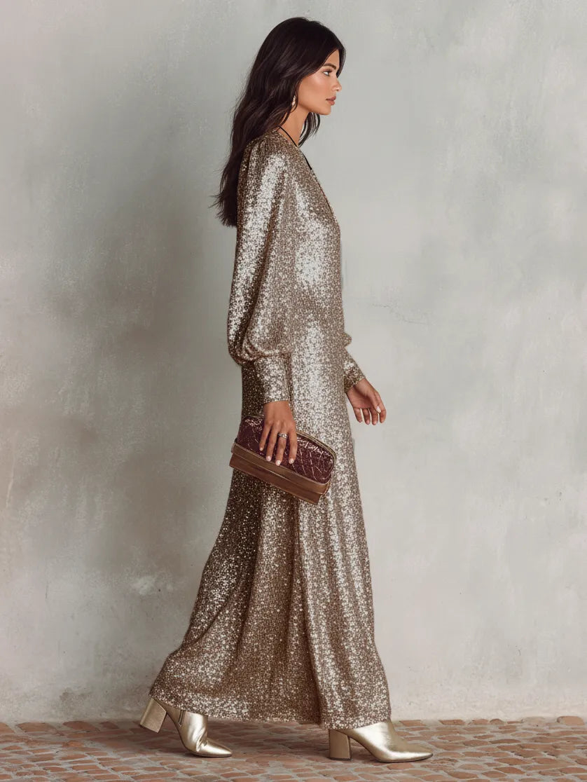 Vestido de Invitada de Boda Largo Elegante Lentejuelas con Manga Abullonada