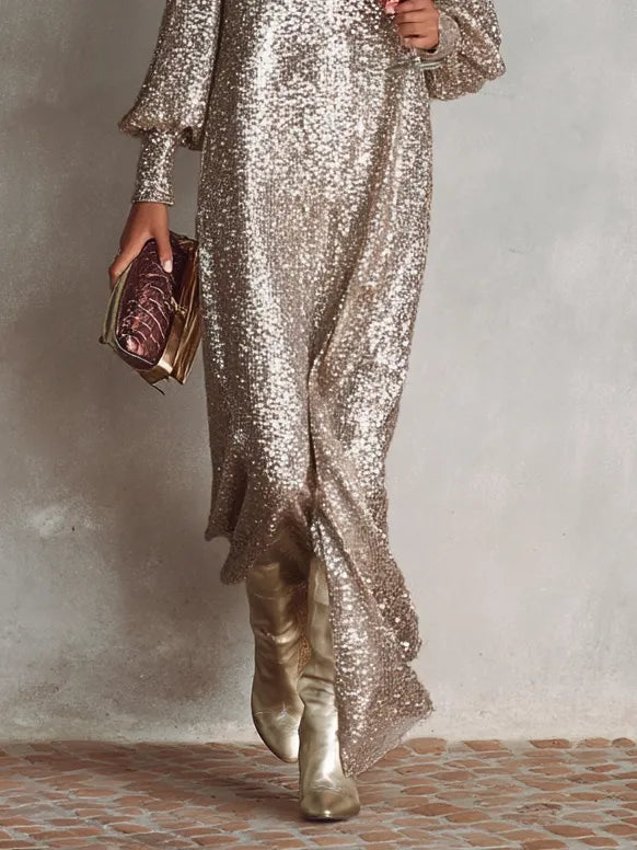 Vestido de Invitada de Boda Largo Elegante Lentejuelas con Manga Abullonada