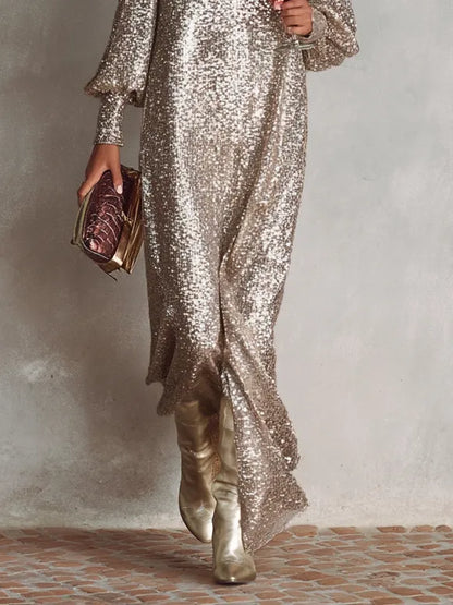 Vestido de Invitada de Boda Largo Elegante Lentejuelas con Manga Abullonada