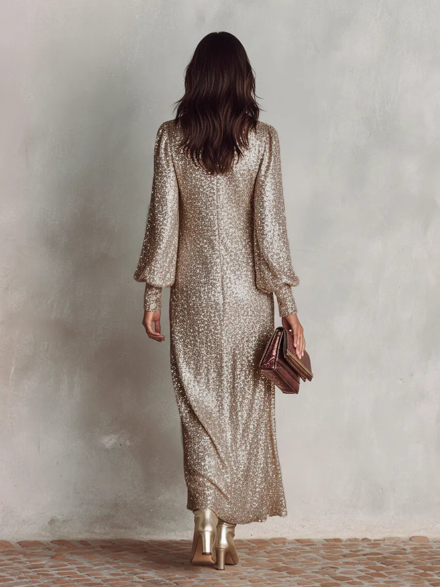 Vestido de Invitada de Boda Largo Elegante Lentejuelas con Manga Abullonada
