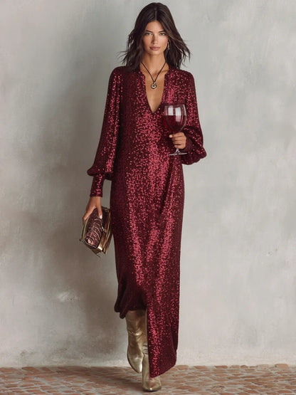 Vestido de Invitada de Boda Largo Elegante Lentejuelas con Manga Abullonada