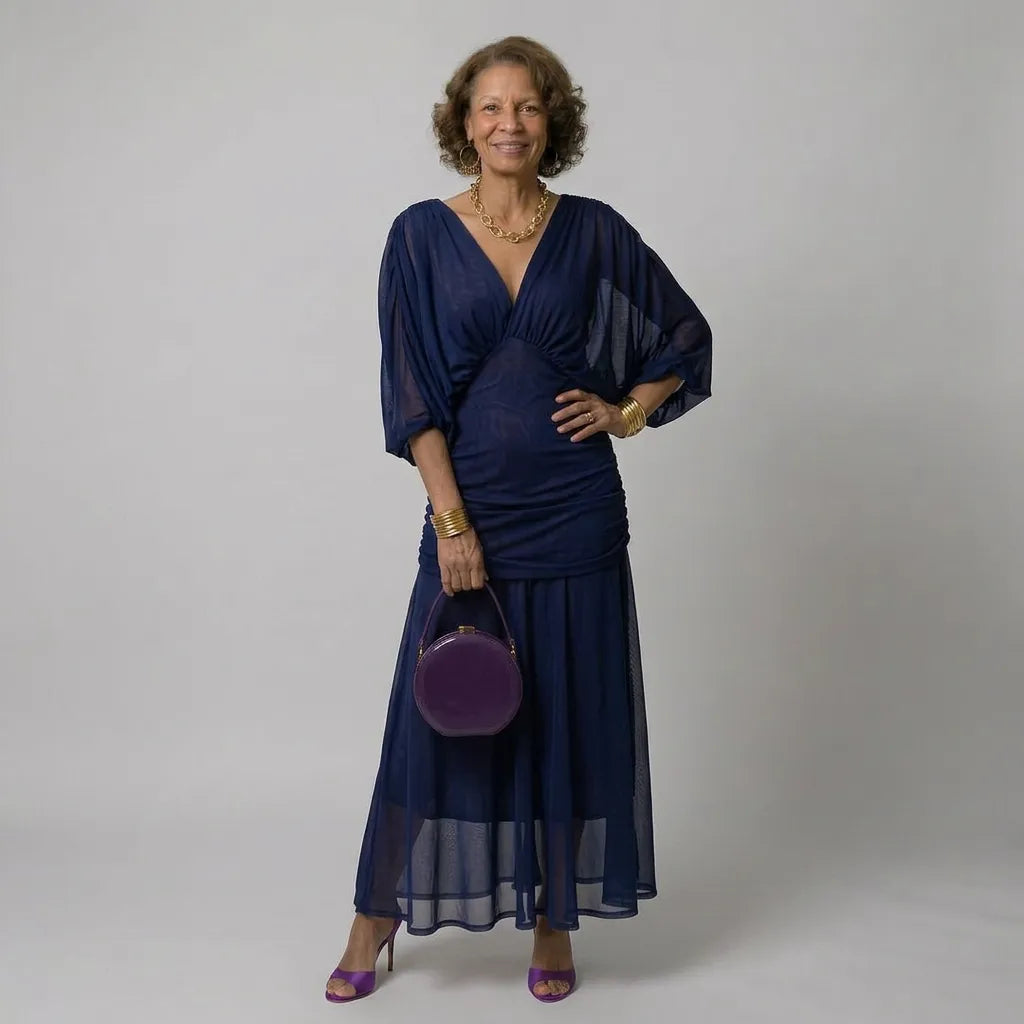 Vestido de Invitada de Boda Largo Elegante Manga Abullonada con Drapeado