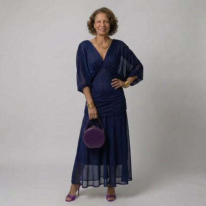 Vestido de Invitada de Boda Largo Elegante Manga Abullonada con Drapeado