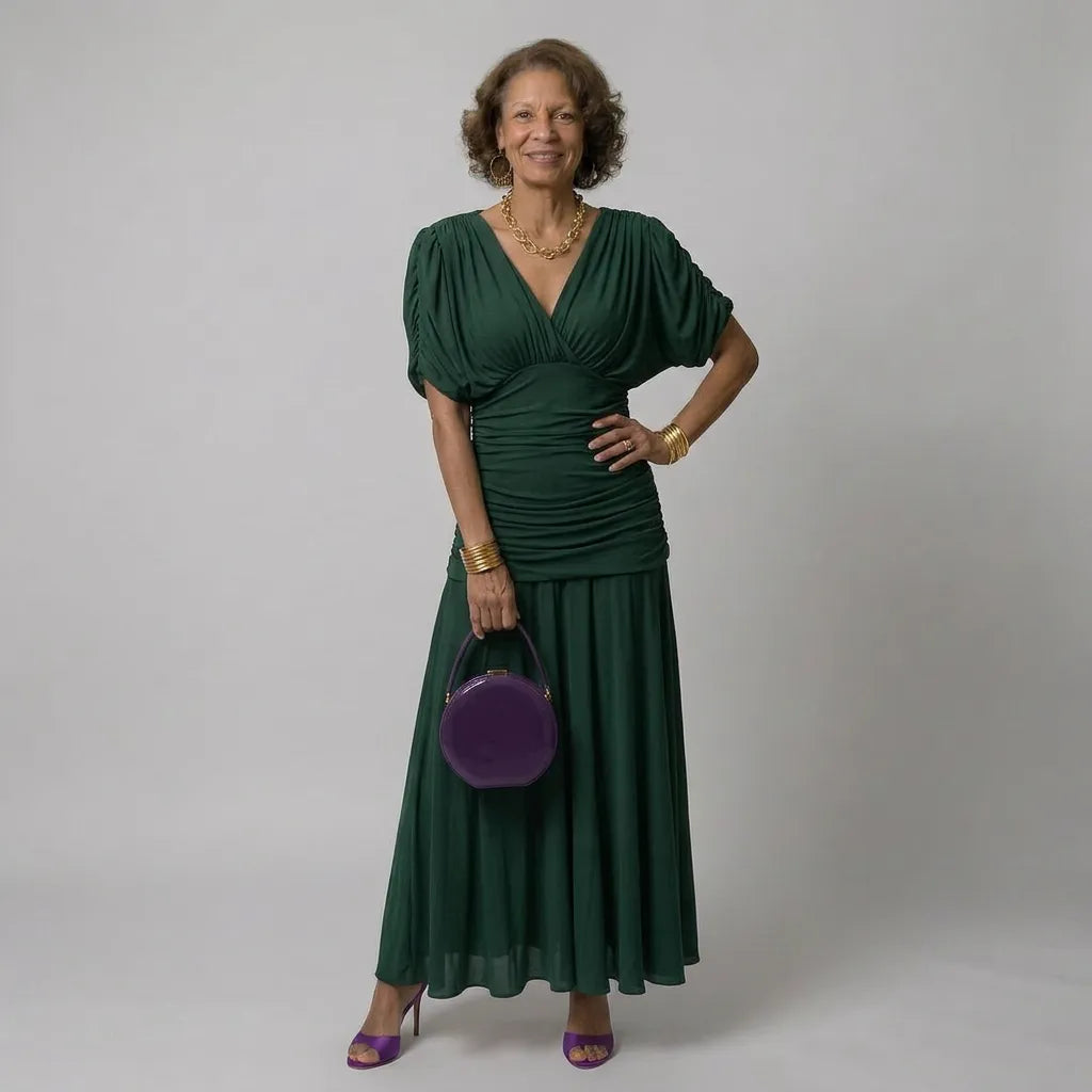 Vestido de Invitada de Boda Largo Elegante Manga Abullonada con Drapeado