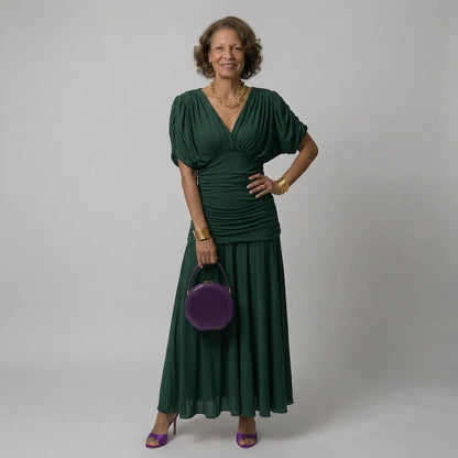 Vestido de Invitada de Boda Largo Elegante Manga Abullonada con Drapeado