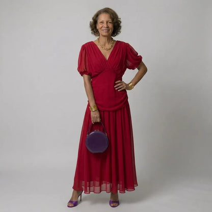 Vestido de Invitada de Boda Largo Elegante Manga Abullonada con Drapeado