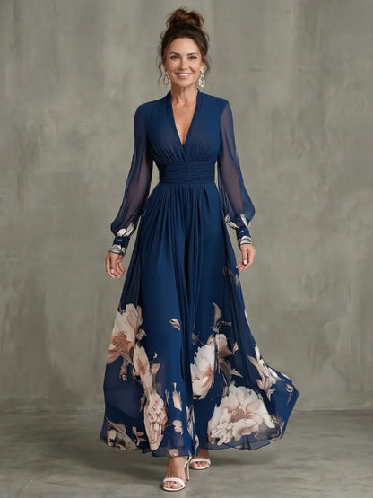 Vestido de Invitada de Boda Largo Elegante Manga Larga con Plisado