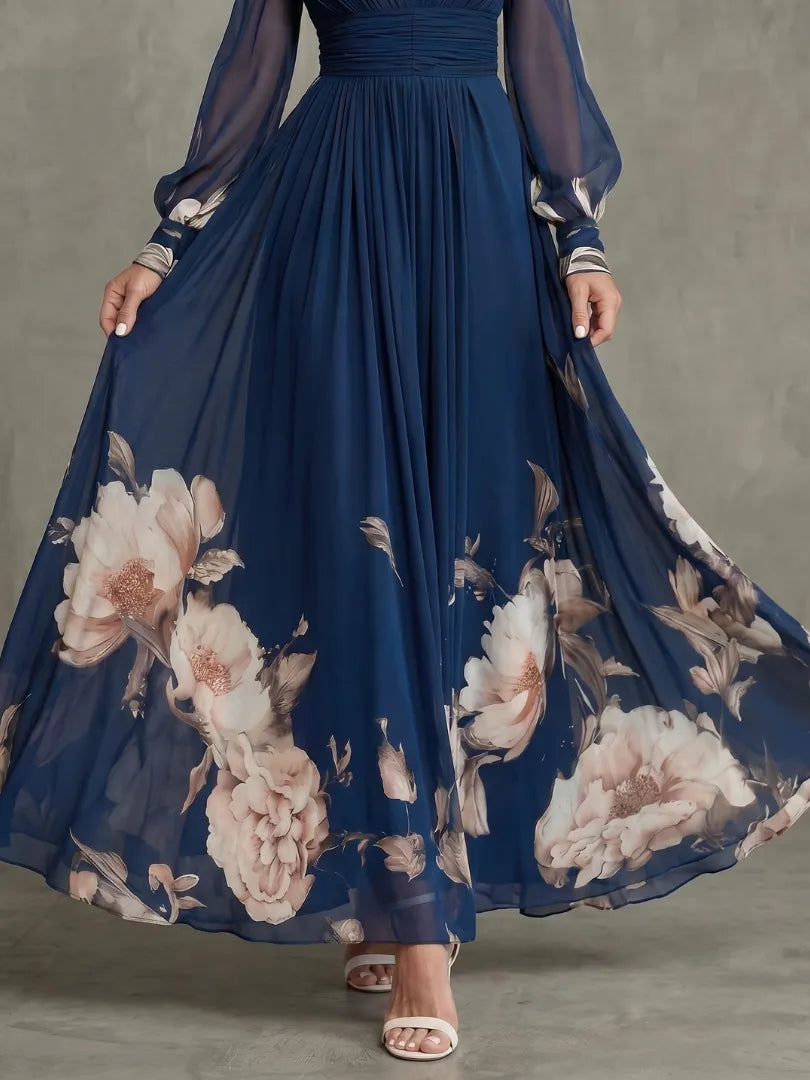 Vestido de Invitada de Boda Largo Elegante Manga Larga con Plisado
