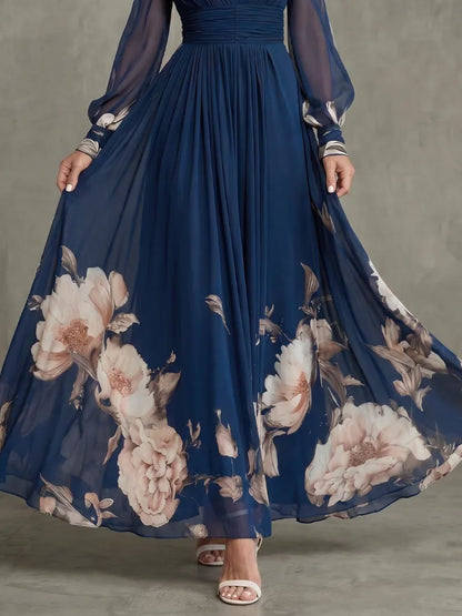 Vestido de Invitada de Boda Largo Elegante Manga Larga con Plisado