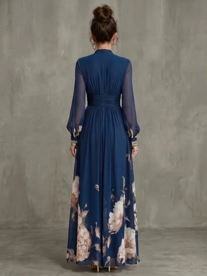 Vestido de Invitada de Boda Largo Elegante Manga Larga con Plisado