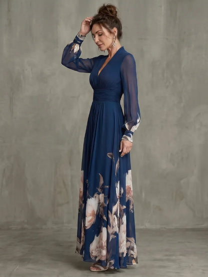 Vestido de Invitada de Boda Largo Elegante Manga Larga con Plisado