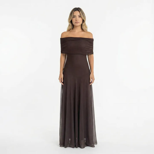 Vestido de Invitada de Boda Largo Elegante Marrón con Hombros Descubiertos