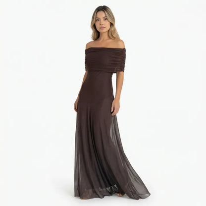 Vestido de Invitada de Boda Largo Elegante Marrón con Hombros Descubiertos