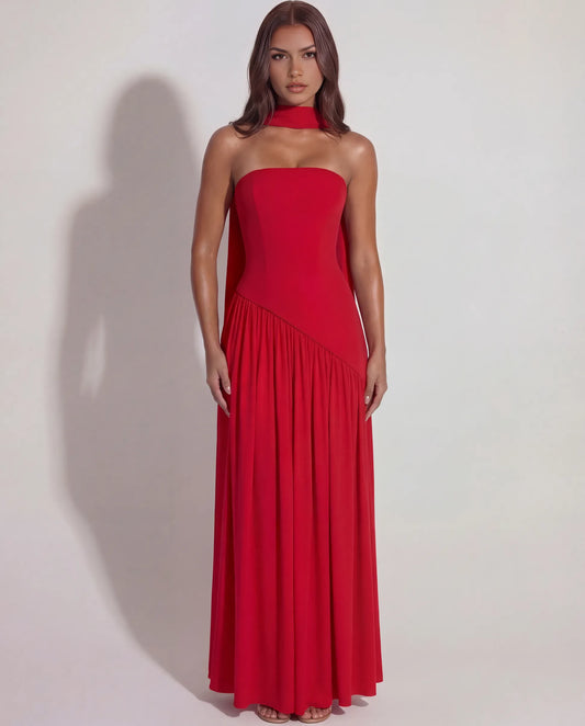 Vestido de Invitada de Boda Largo Elegante Moderno con Palabra de Honor