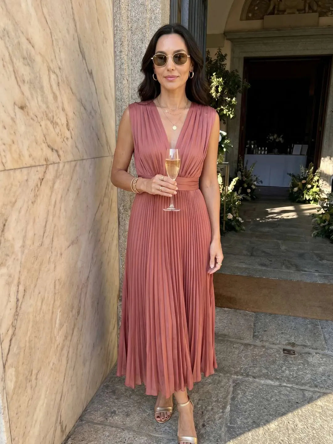 Vestido de Invitada de Boda Largo Elegante Moderno con Plisado