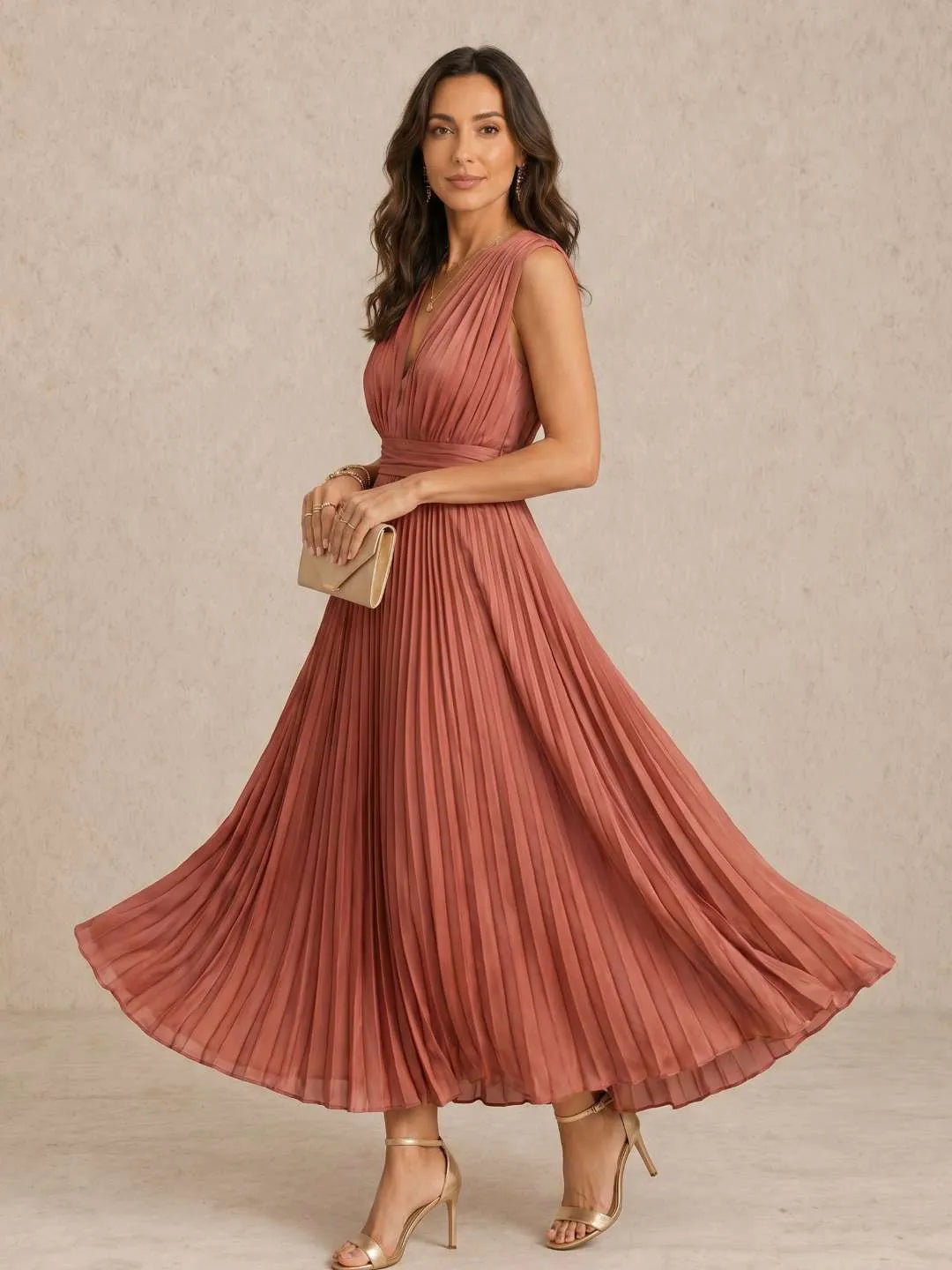 Vestido de Invitada de Boda Largo Elegante Moderno con Plisado