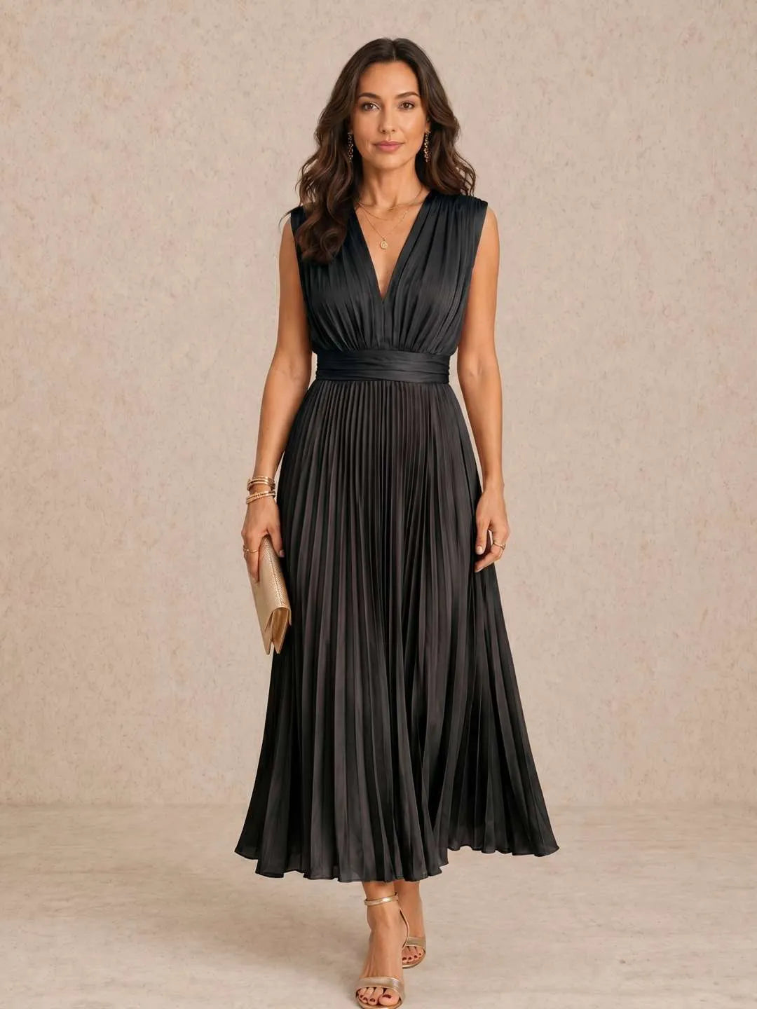Vestido de Invitada de Boda Largo Elegante Moderno con Plisado