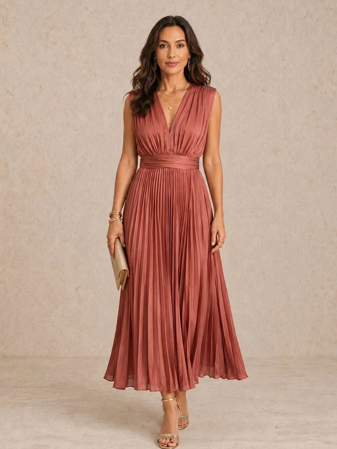 Vestido de Invitada de Boda Largo Elegante Moderno con Plisado