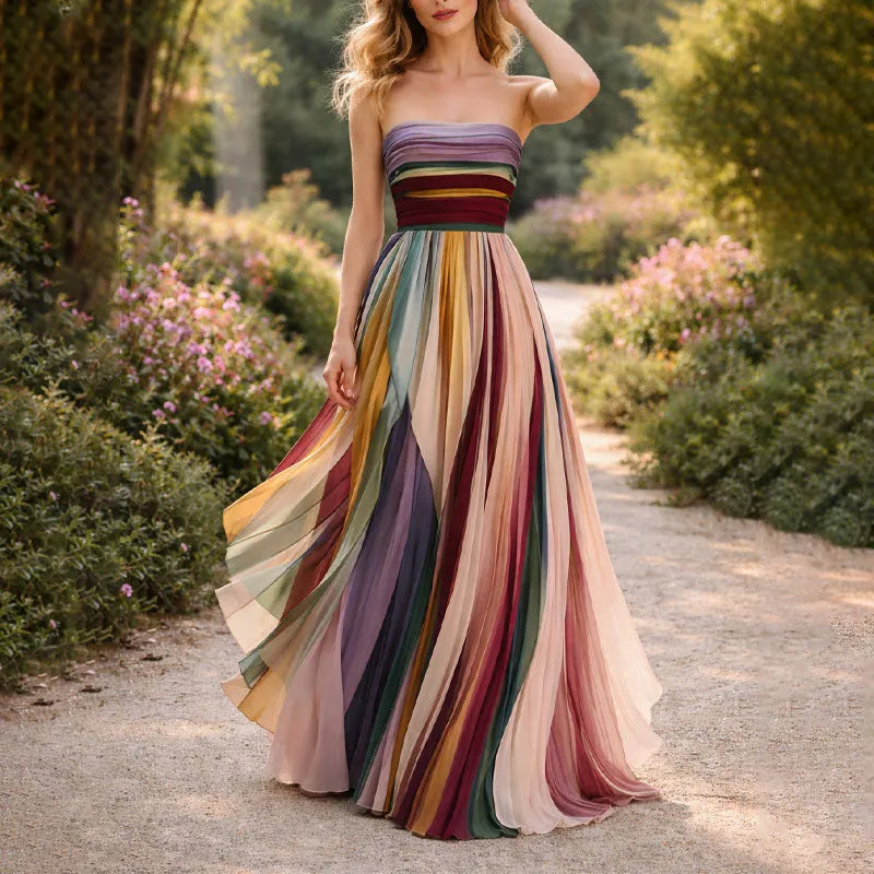 Vestido de Invitada de Boda Largo Elegante Multicolor con Palabra de Honor