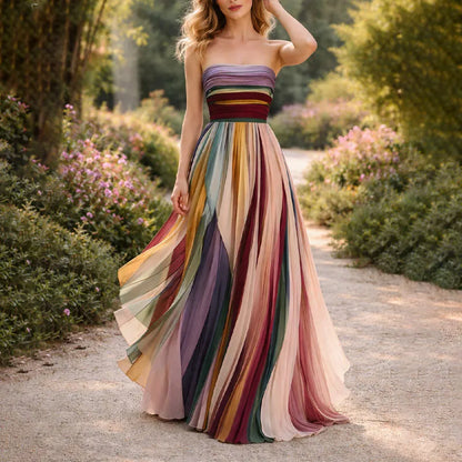 Vestido de Invitada de Boda Largo Elegante Multicolor con Palabra de Honor