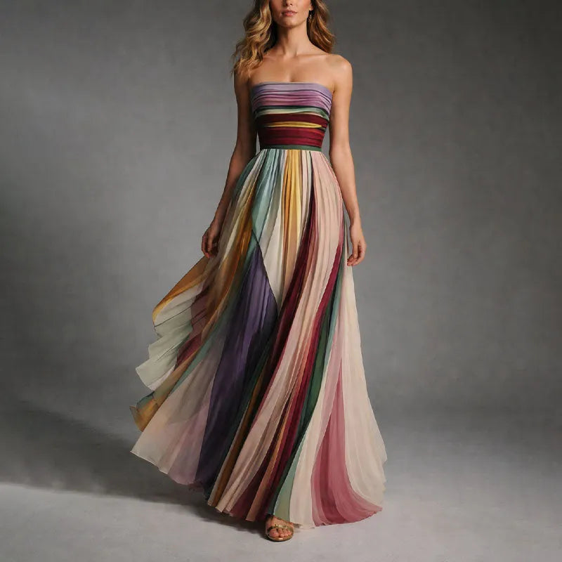 Vestido de Invitada de Boda Largo Elegante Multicolor con Palabra de Honor