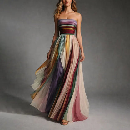Vestido de Invitada de Boda Largo Elegante Multicolor con Palabra de Honor