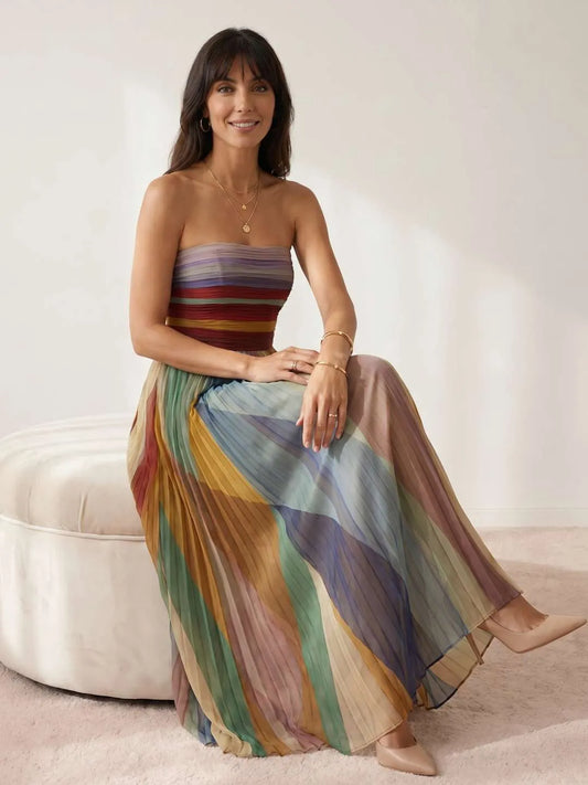 Vestido de Invitada de Boda Largo Elegante Multicolor con Plisado