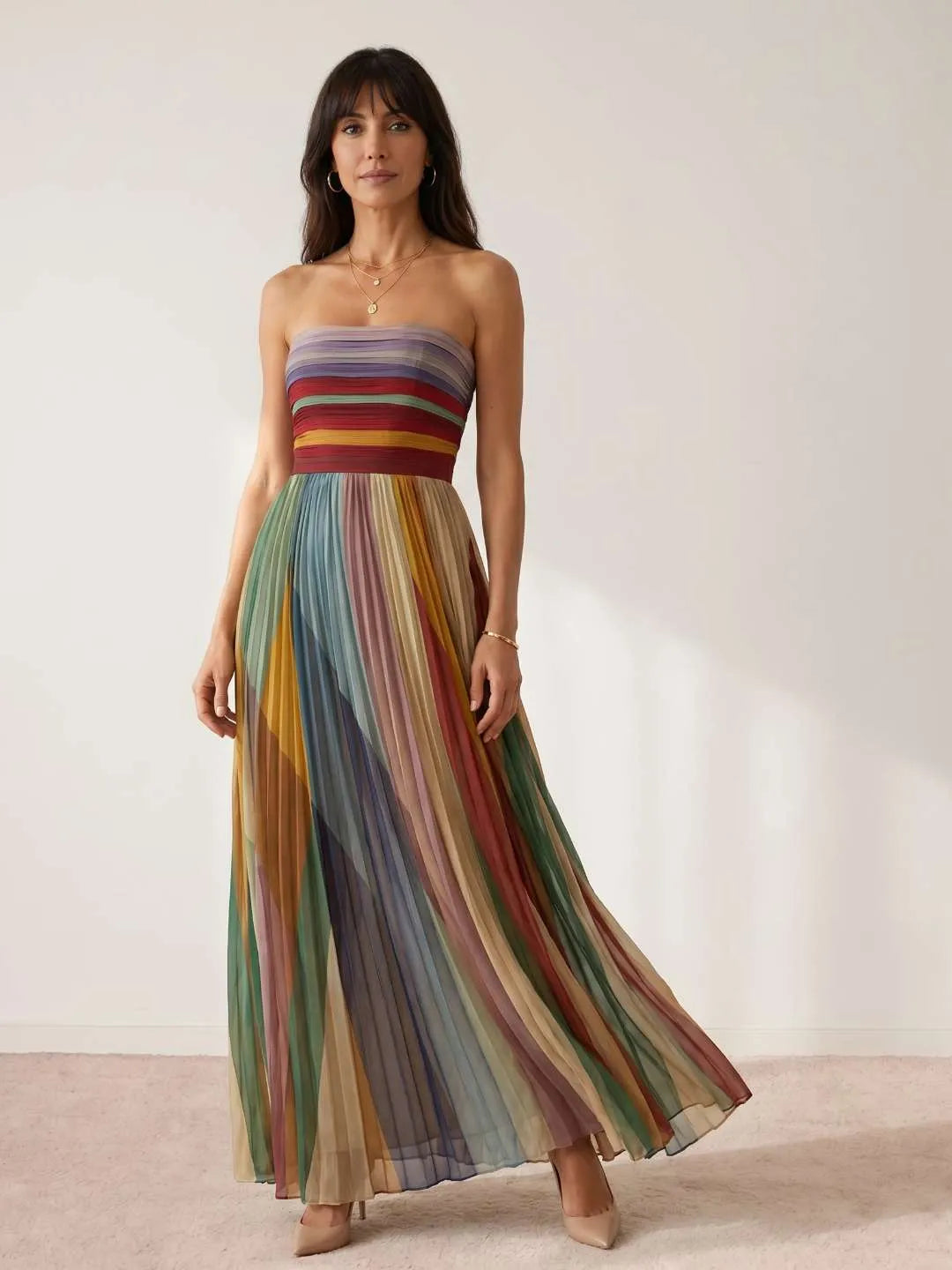 Vestido de Invitada de Boda Largo Elegante Multicolor con Plisado