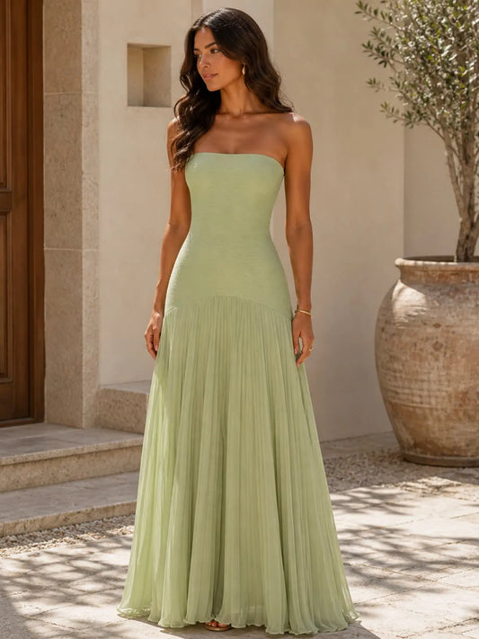 Vestido de Invitada de Boda Largo Elegante Palabra de Honor con Plisado