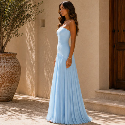 Vestido de Invitada de Boda Largo Elegante Palabra de Honor con Plisado