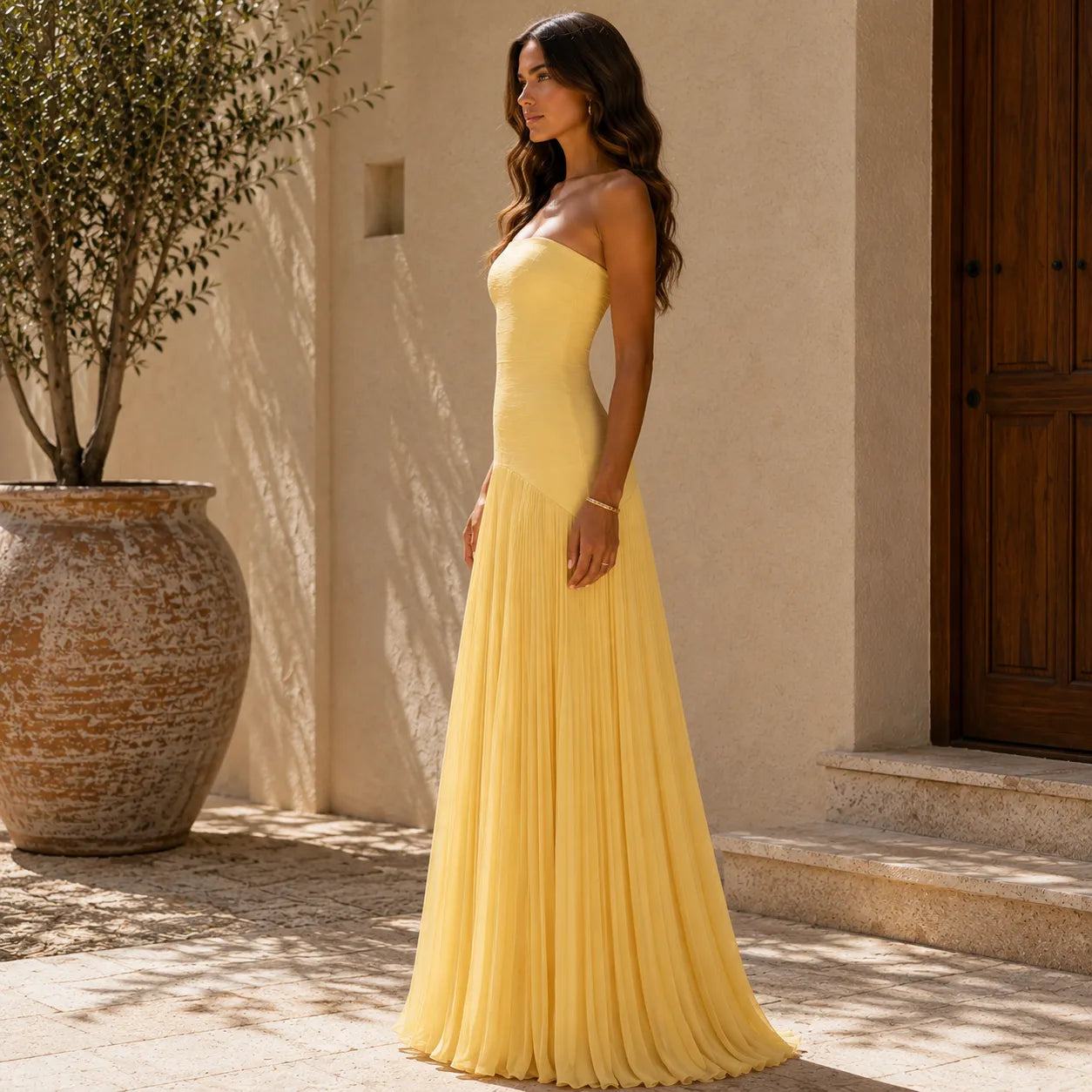 Vestido de Invitada de Boda Largo Elegante Palabra de Honor con Plisado