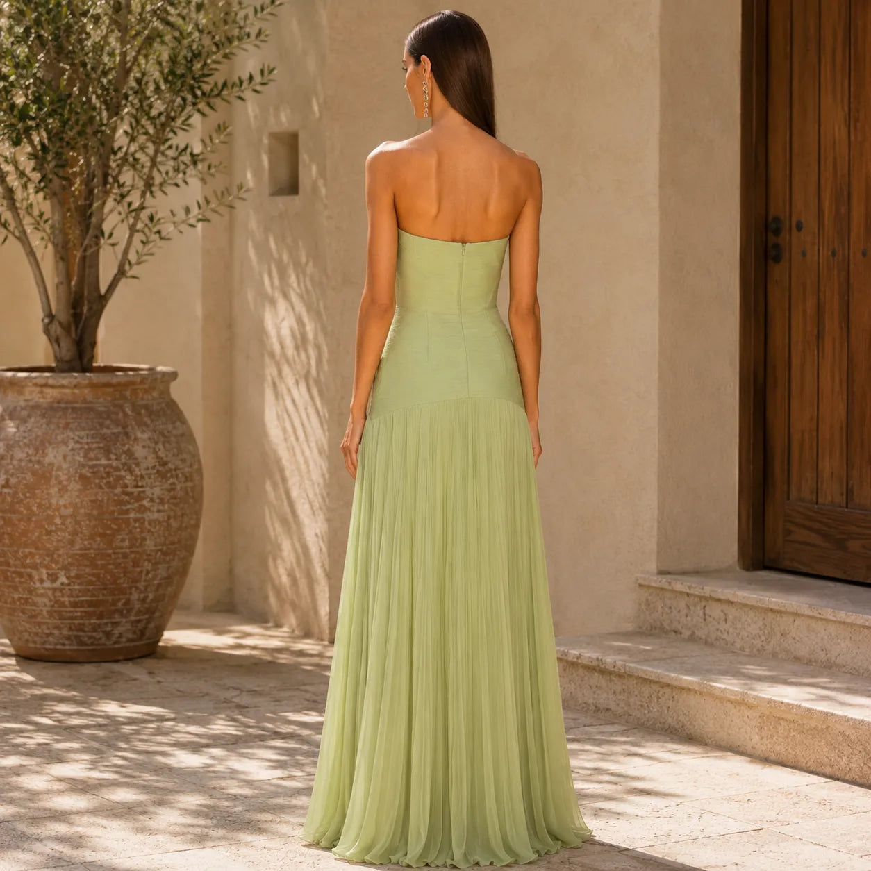 Vestido de Invitada de Boda Largo Elegante Palabra de Honor con Plisado