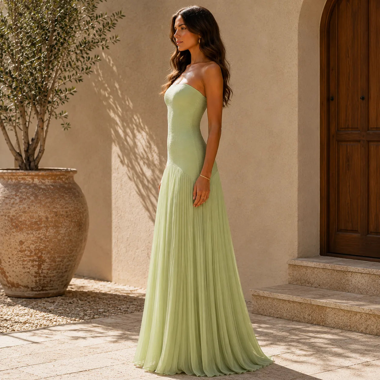 Vestido de Invitada de Boda Largo Elegante Palabra de Honor con Plisado