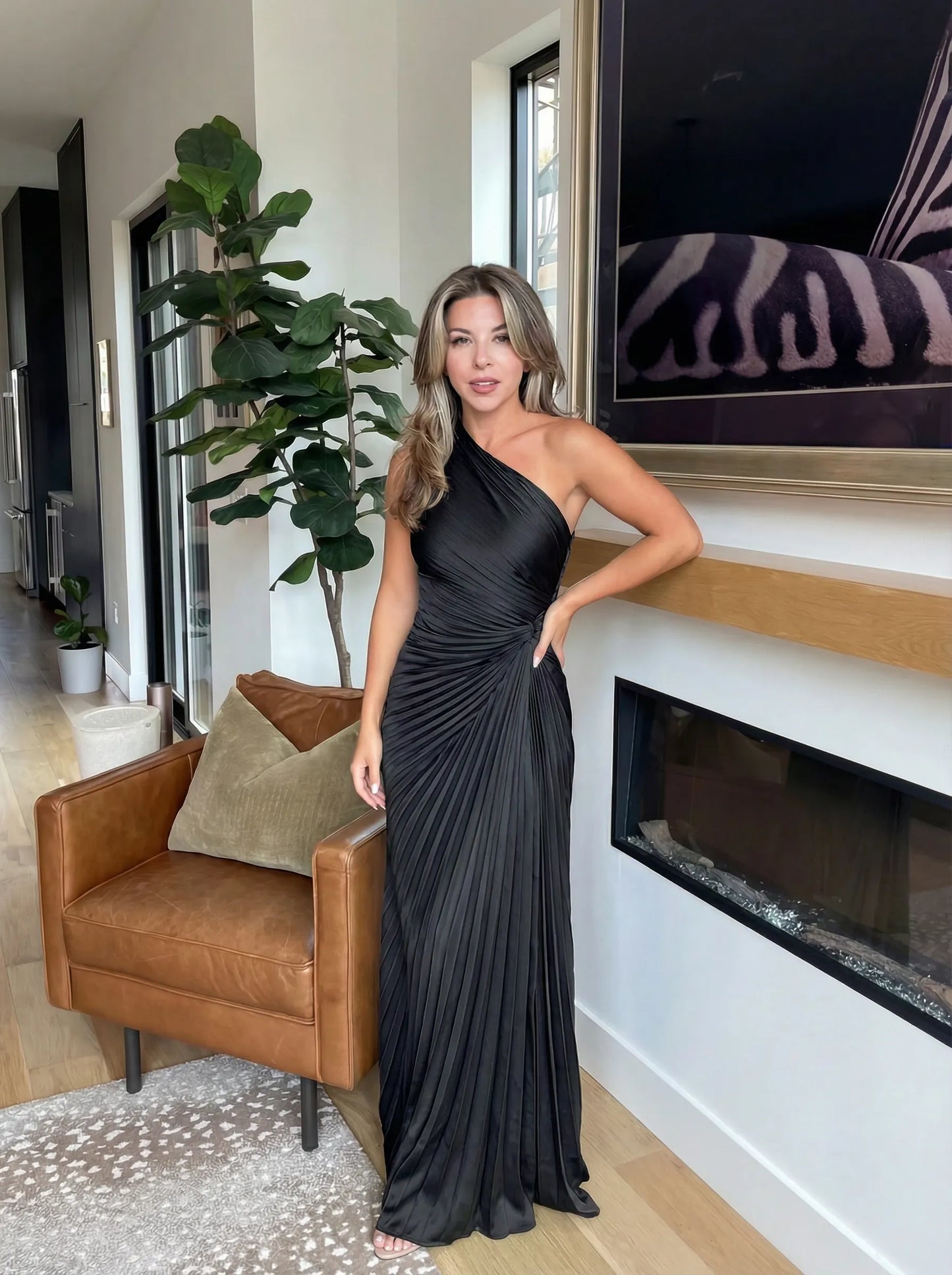 Vestido de Invitada de Boda Largo Elegante Plisado con Asimétrico
