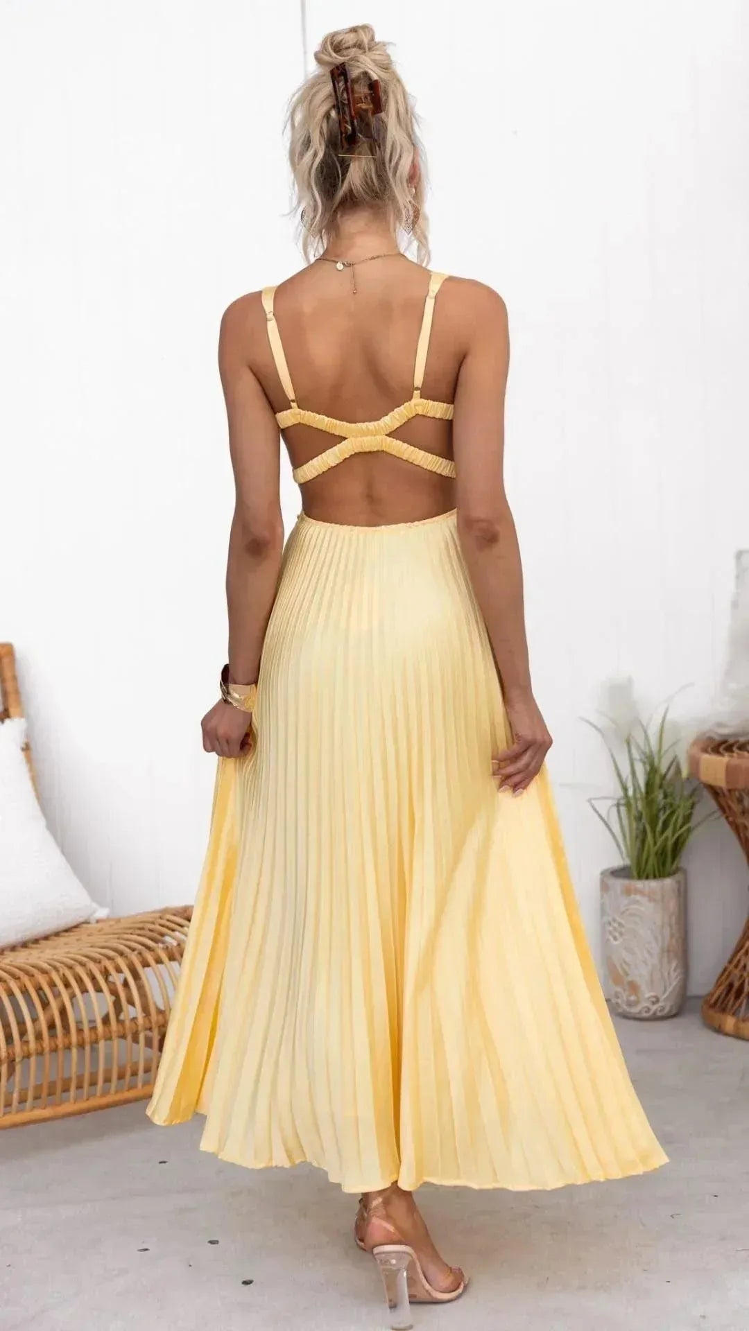 Vestido de Invitada de Boda Largo Elegante Plisado con Tirantes