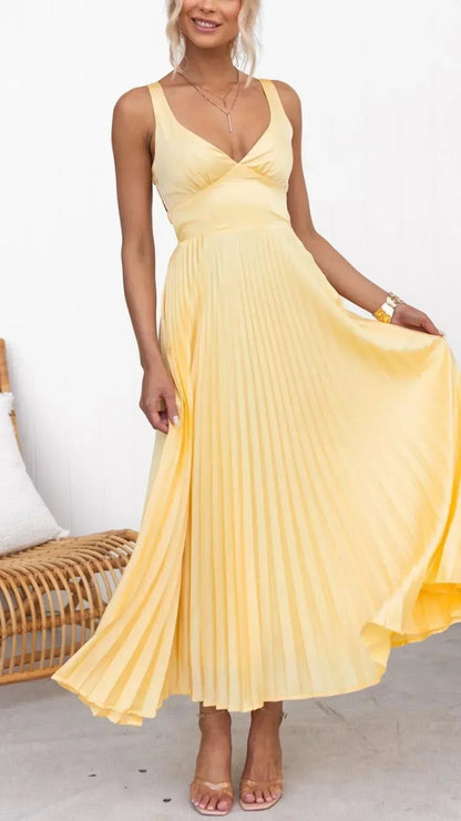 Vestido de Invitada de Boda Largo Elegante Plisado con Tirantes