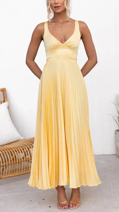 Vestido de Invitada de Boda Largo Elegante Plisado con Tirantes