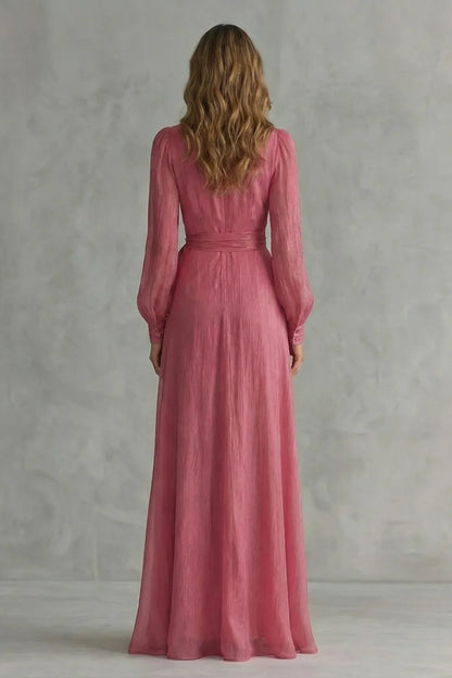 Vestido de Invitada de Boda Largo Elegante Rosa con Manga Larga