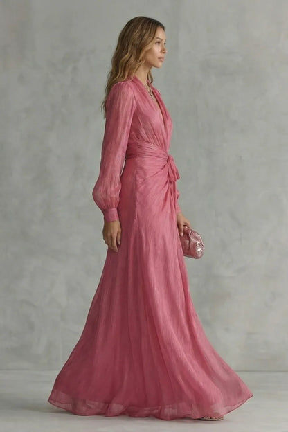 Vestido de Invitada de Boda Largo Elegante Rosa con Manga Larga