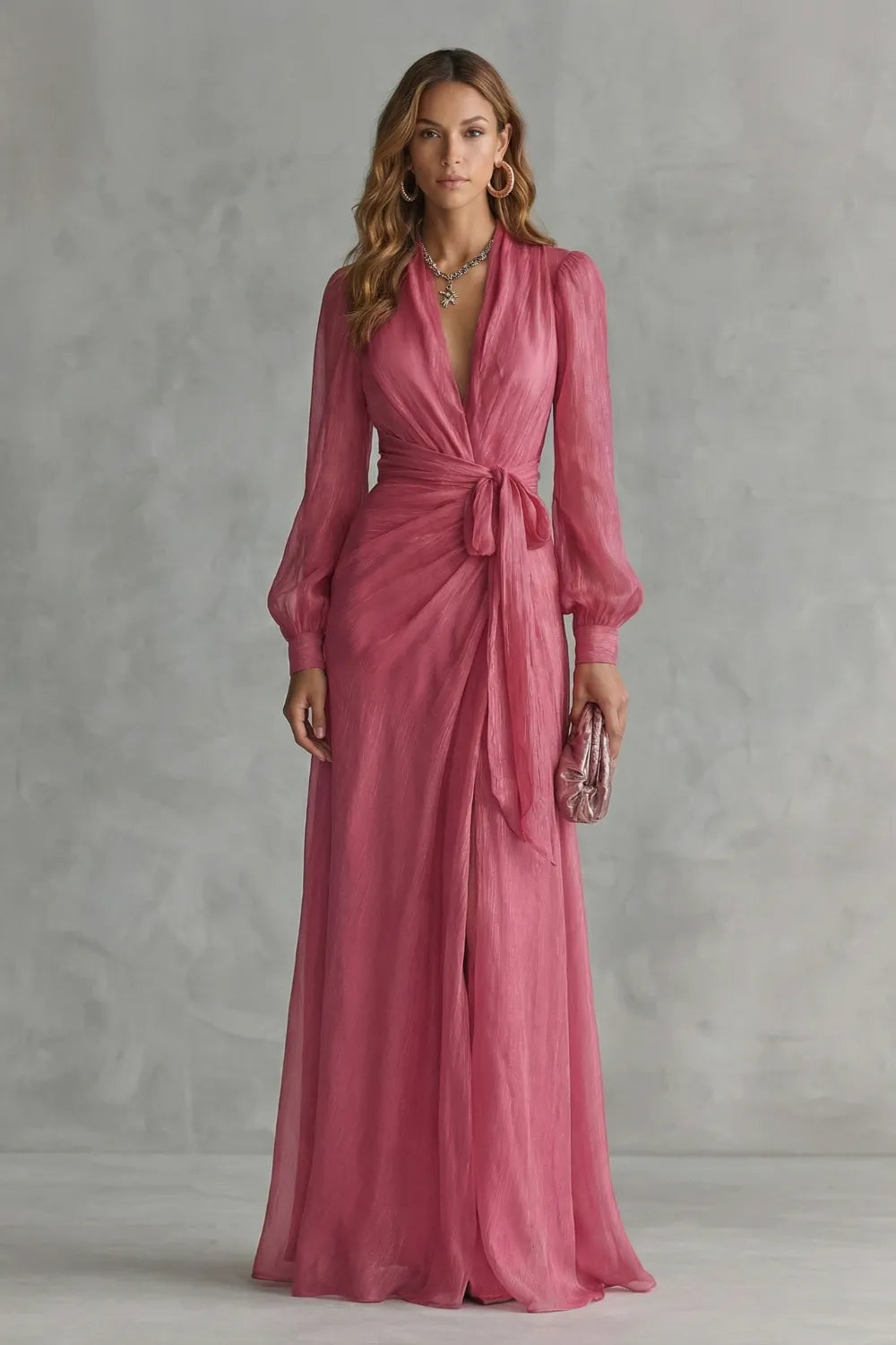 Vestido de Invitada de Boda Largo Elegante Rosa con Manga Larga