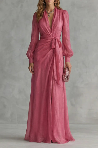 Vestido de Invitada de Boda Largo Elegante Rosa con Manga Larga