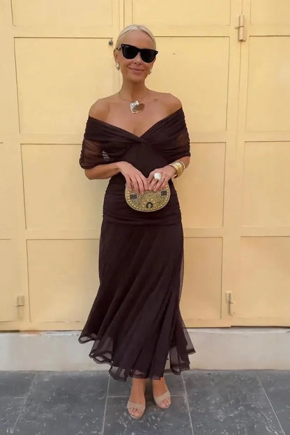 Vestido de Invitada de Boda Largo Elegante Sofisticado con Hombros Descubiertos