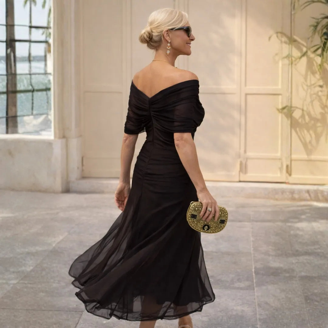 Vestido de Invitada de Boda Largo Elegante Sofisticado con Hombros Descubiertos