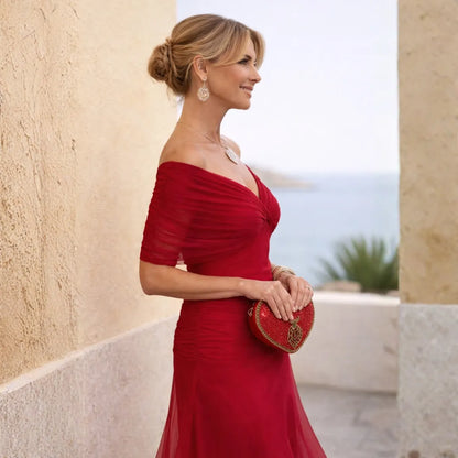 Vestido de Invitada de Boda Largo Elegante Sofisticado con Hombros Descubiertos