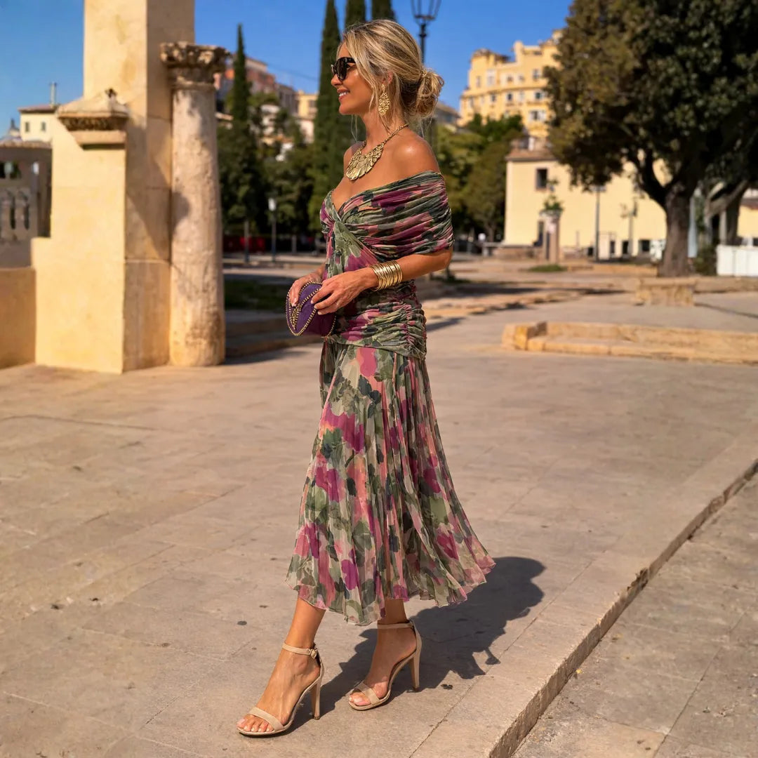 Vestido de Invitada de Boda Largo Elegante Sofisticado con Hombros Descubiertos