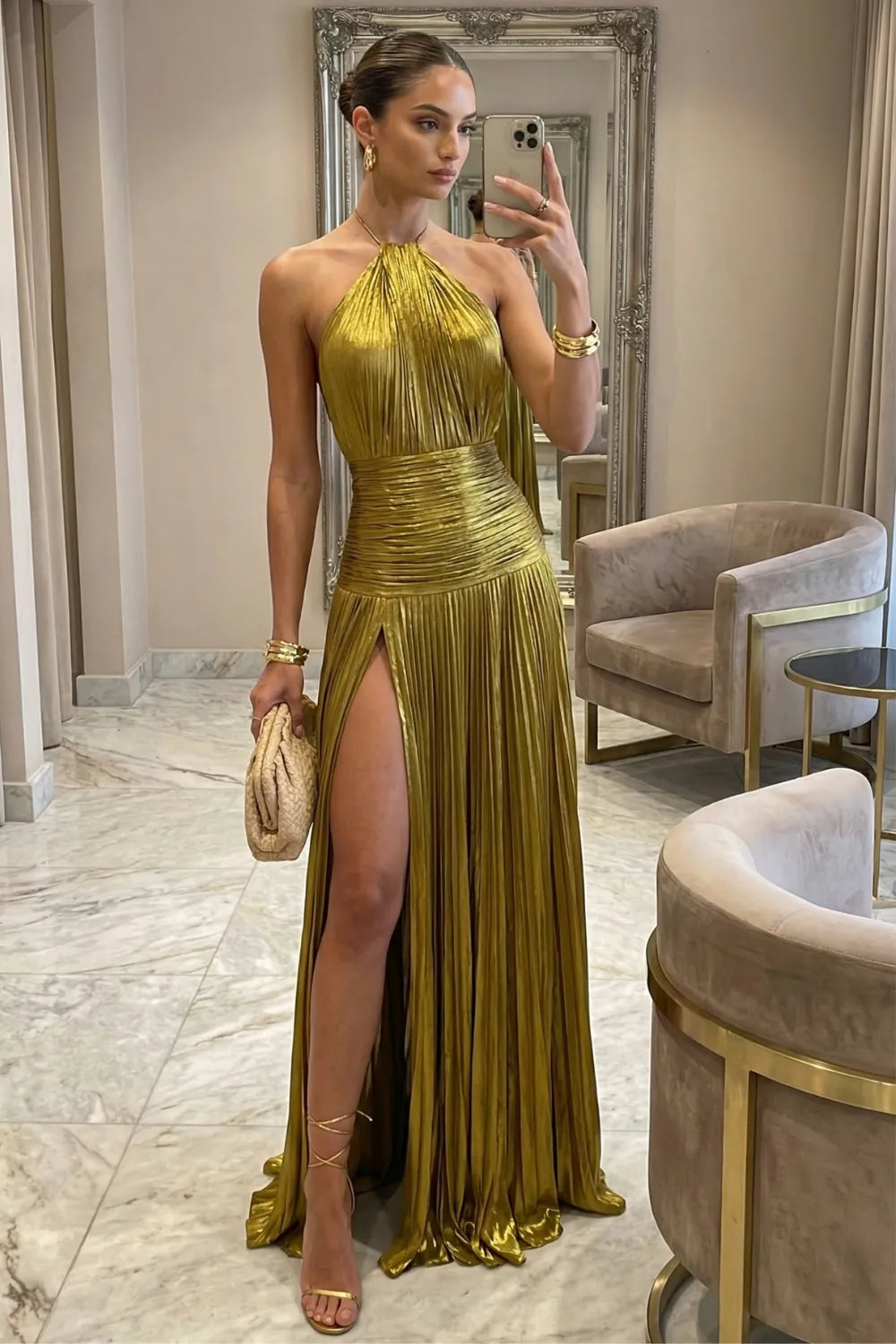 Vestido de Invitada de Boda Largo Elegante Sofisticado con Plisado